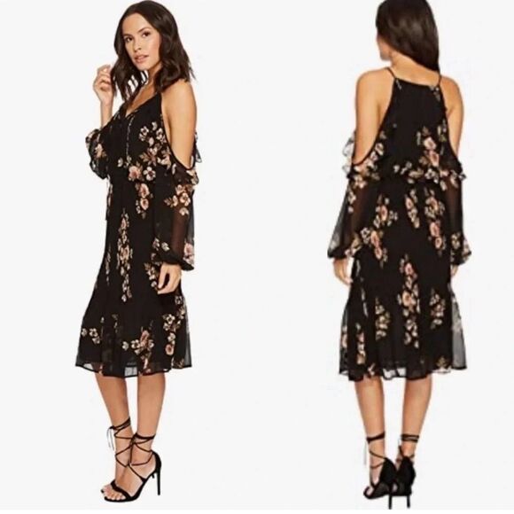 ASTR The Label Black Floral Cold Shoulder Pleated Crinkle Skirt Dress Size M - Picture 1 of 6